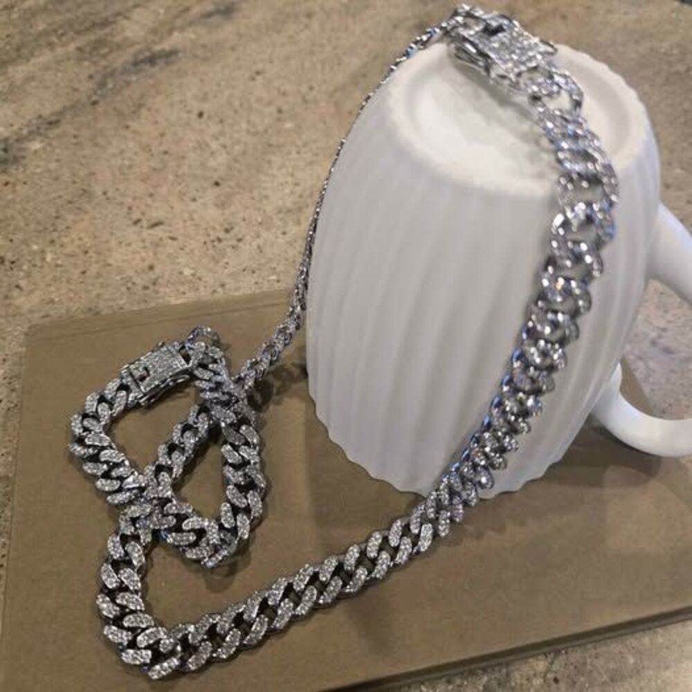 20" Iced Out Silver Cuban Link Chain Necklace and 8" bracelet.